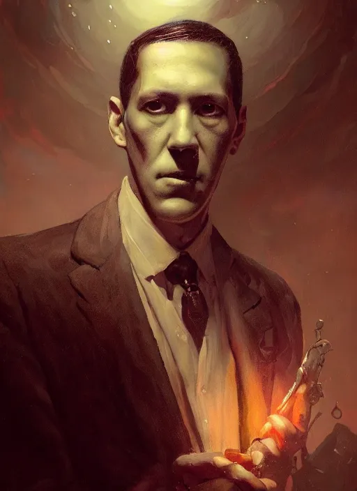 Image similar to highly detailed portrait of h p lovecraft by greg rutkowski, mike mignola, tom bagshaw artgerm and ross tran, beautiful dramatic dark moody lighting, cinematic atmosphere, glossy magazine painting, global illumination, deep color, 8 k resolution, high details, flickr, dslr, artstation