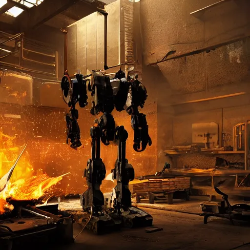 Image similar to cutlery mecha, dark messy smoke - filled cluttered workshop, dark, dramatic lighting, orange tint, cinematic, highly detailed, sci - fi, futuristic, movie still