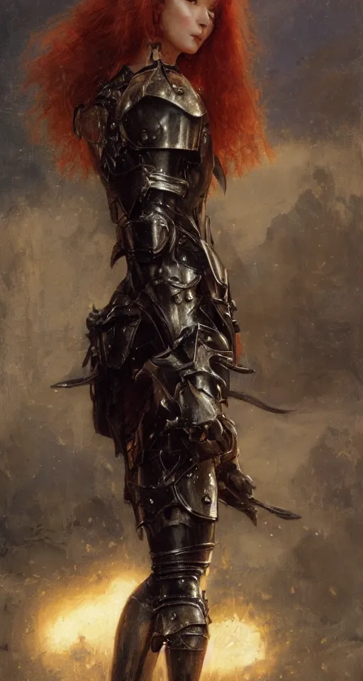 Image similar to short muscular redhead young woman wearing black medieval armour, bare legs, detailed, by gaston bussiere, bayard wu, greg rutkowski, giger, maxim verehin, greg rutkowski, masterpiece, sharp focus, cinematic lightning