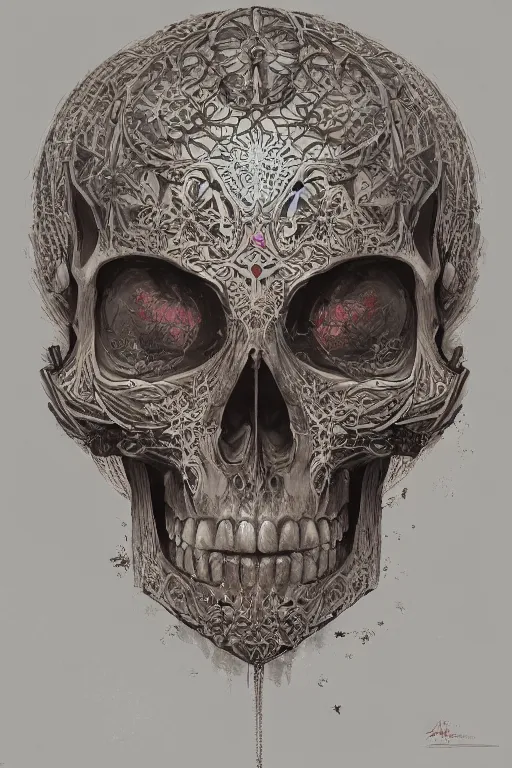 Image similar to concept art skull, the skull is decorated with art deco patterns, close - up portrait, powerfull, intricate, elegant, volumetric lighting, scenery, digital painting, highly detailed, artstation, sharp focus, illustration, concept art, ruan jia, steve mccurry