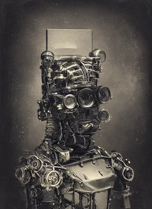 Image similar to old wetplate daguerreotype portrait of futuristic robot, dubbel negative exposure, explosion of data fragments, shallow dept of field, fractal, intricate, elegant, highly detailed, parallax, leica, medium format, subsurface scattering, by jheronimus bosch and greg rutkowski and louis jacques mande daguerre