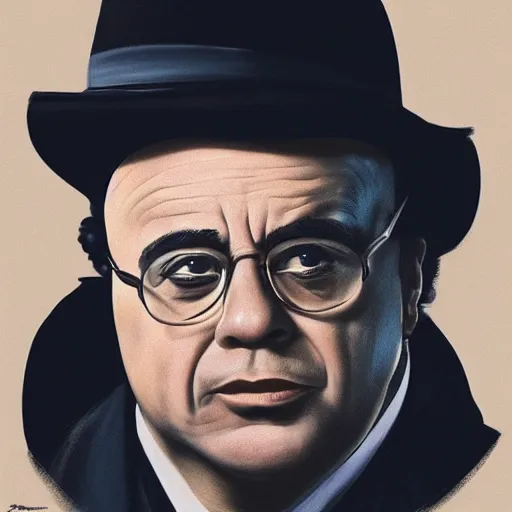 Prompt: Danny Devito as Don Corleone by Raphael, Hopper, and Rene Magritte. detailed, romantic, enchanting, trending on artstation.