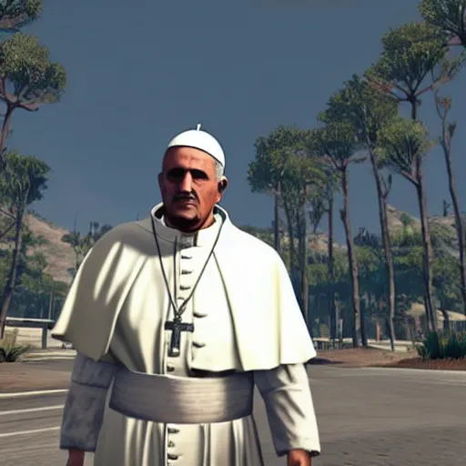 Image similar to the pope as a game character in gta 5, game graphics, game screenshot, in the style of rockstar advanced game engine