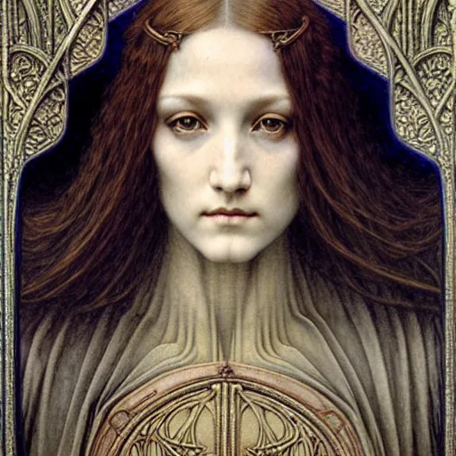 Image similar to detailed realistic beautiful young medieval queen face portrait by jean delville, gustave dore and marco mazzoni, art nouveau, symbolist, visionary, gothic, pre - raphaelite. horizontal symmetry