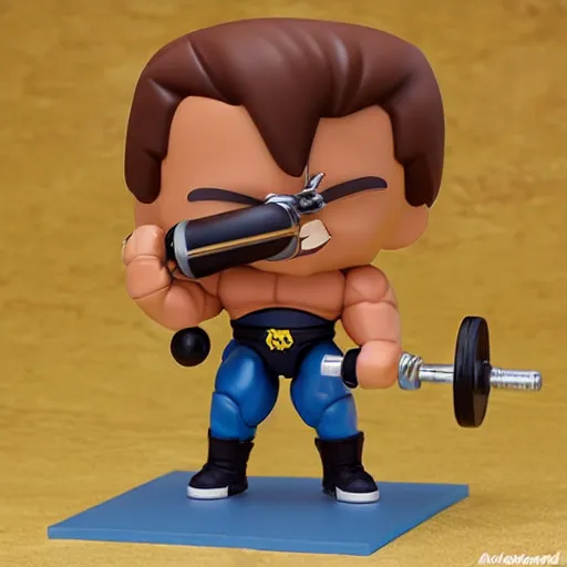 Prompt: muscular arnold schwarzenegger lifting a weights as nendoroid!, kodak film