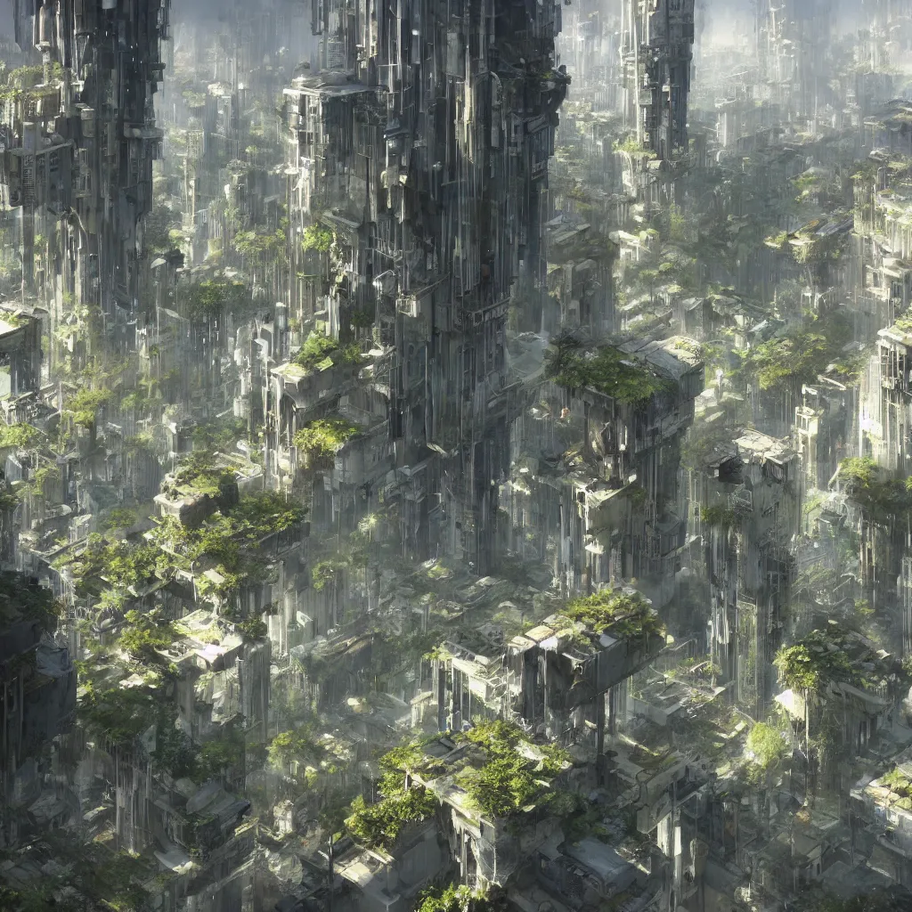 Prompt: A vertical city with multiple outdoor layers with varying amounts of vegetation with big windows and visible parks and mountains background, brutalist architecture, craig mullins style, solarpunk, concept art