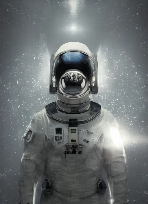 Image similar to symmetry concept art by craig mullins astronaut in futuristic dark and empty spaceship underwater. infrared glowing lights. complex and hyperdetailed technical suit. reflection and dispersion materials. rays and dispersion of light. volumetric light. 5 0 mm, f / 3 2. noise film photo. flash photography. unreal engine 4, octane render. interstellar movie art