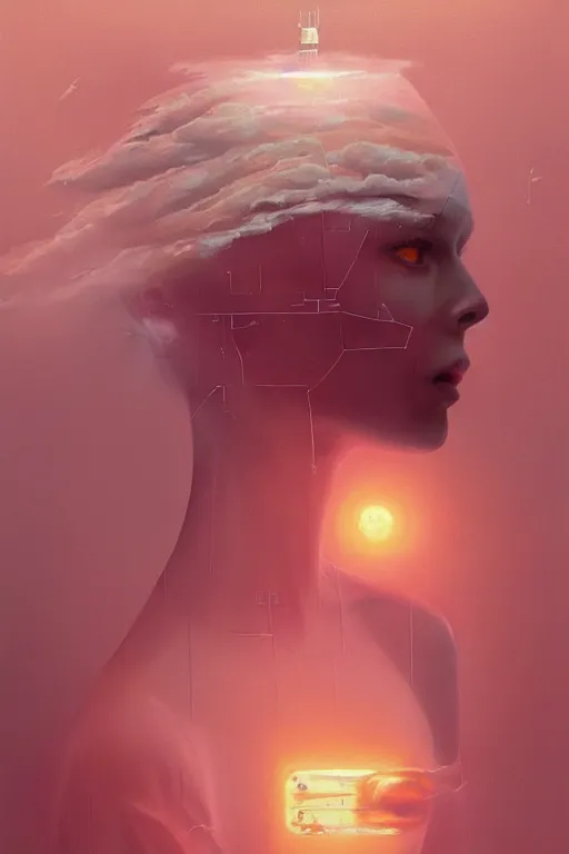 Prompt: 3 d, sci - fi, morning, happy fashion model face, sun, cinematic, lightning, clouds, vogue cover style, stanley kubrick, light red and orange mood, realistic painting, intricate oil painting, high detail, figurative art, multiple exposure, poster art, 3 d, by tooth wu and wlop and beeple and greg rutkowski