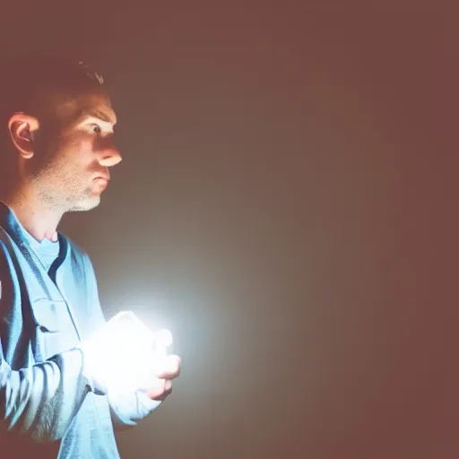 Prompt: man holding a bright flashlight at night