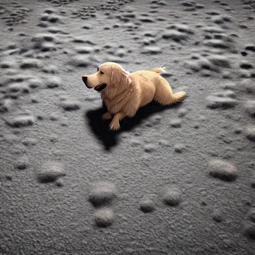 Image similar to a golden retriever dog on the surface of the moon, 3 d render, dramatic, photorealistic