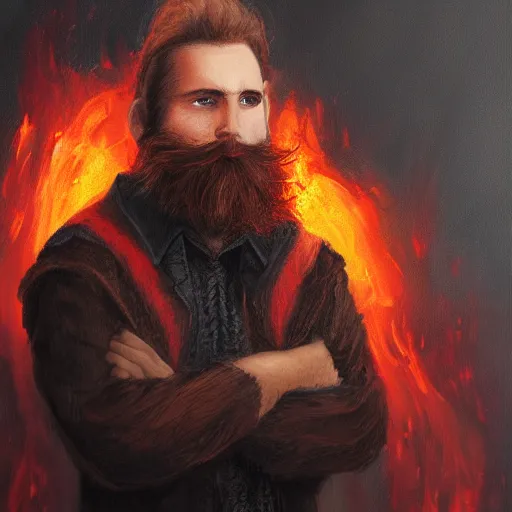 Image similar to grumpy young brown - red haired man with beard, wearing black coat, fire behind him, fire, oil painting, fantasy artwork, fantastic artwork, 4 k, trending on artstation