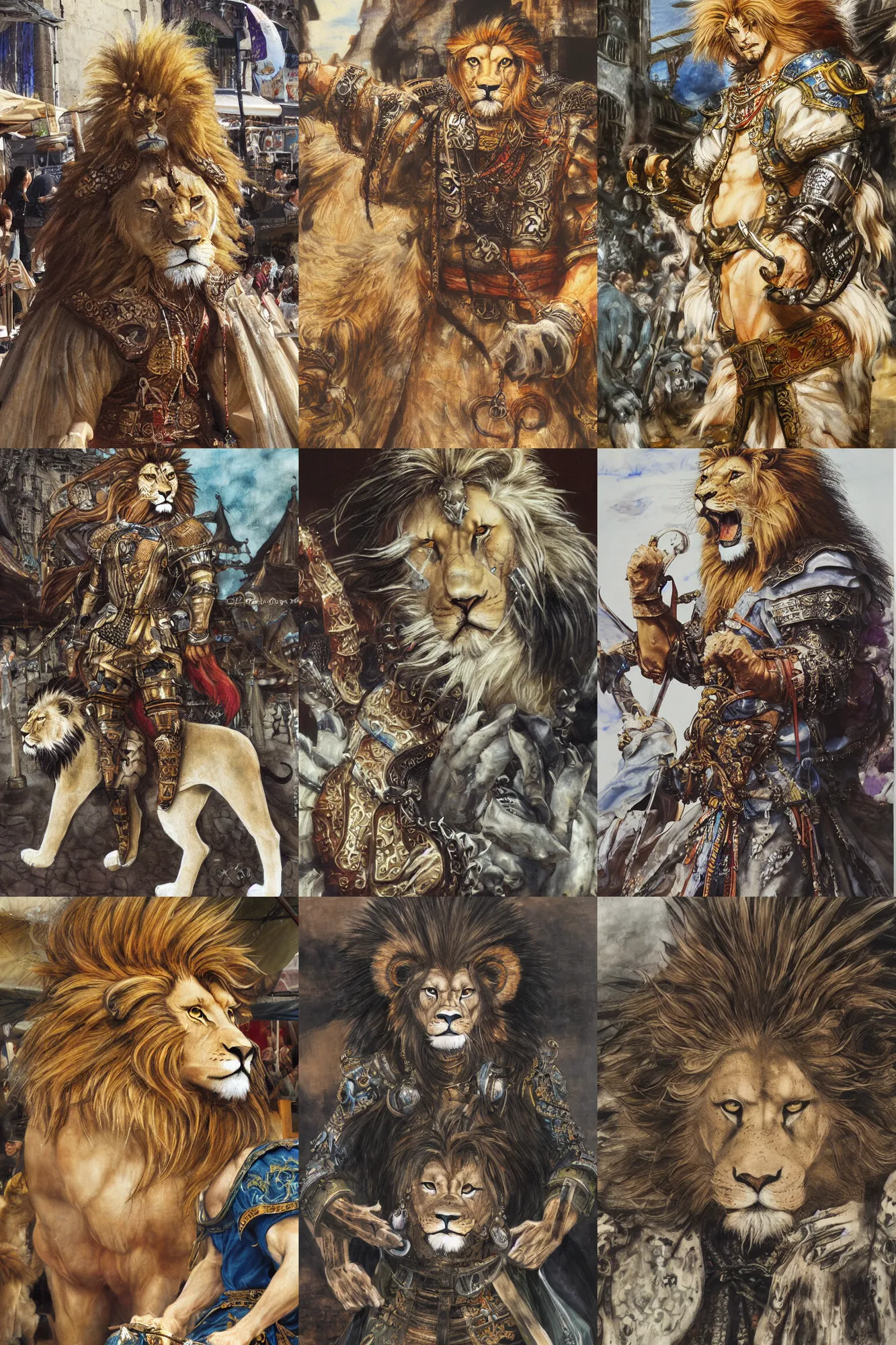 Image similar to 8 k yoshitaka amano painting of upper body of a young cool looking lion beastman with white mane at a medieval market at windy day. depth of field. he is wearing complex fantasy clothing. he has huge paws. renaissance style lighting.