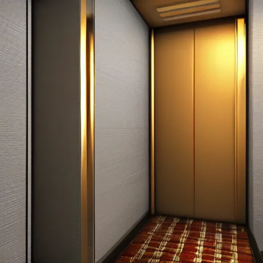 Prompt: “Sunlit hotel elevator bank, high quality, unreal engine, raytraced, photorealistic”