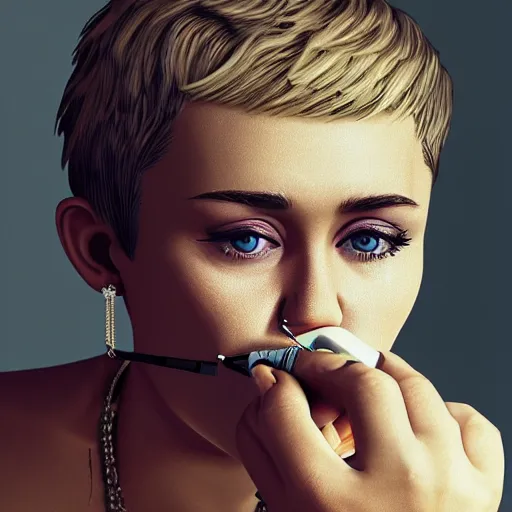 Image similar to Miley Cryus smoking a cigarette, 8k, realistic, extreme details, detailed, sharp, smoke