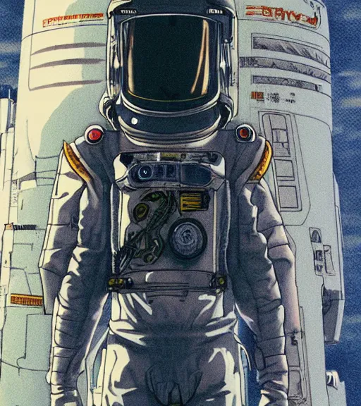 Prompt: realistic cyberpunk japanese astronaut with long limbs on a spacewalk outside of their ship, techwear, Industrial Scifi, detailed illustration, character portrait, by Martin Grip and Moebius