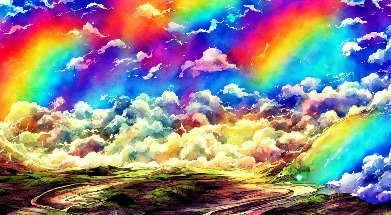 Prompt: A beautiful landscape with wavelike clouds, rainbow flowing clouds, vivid landscape, award-winning anime style, wallpaper, relaxing, bright, Watercolor expressionist, comic book style, manga style