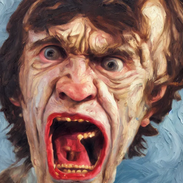 Image similar to warmly lit close up studio portrait of young angry!! screaming George Harrison age 23 furious!, impasto oil painting thick brushstrokes by Lucian Freud and Cy Twombly and Tim Hawkinson , trending on artstation dramatic lighting Expressionism