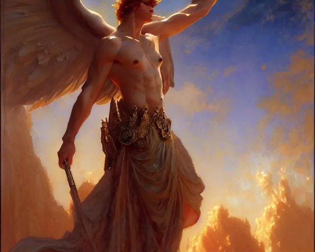 Image similar to attractive heroic male deity, casts magic, summoning handsome heroic lucifer morning star. highly detailed painting by gaston bussiere, craig mullins, j. c. leyendecker 8 k