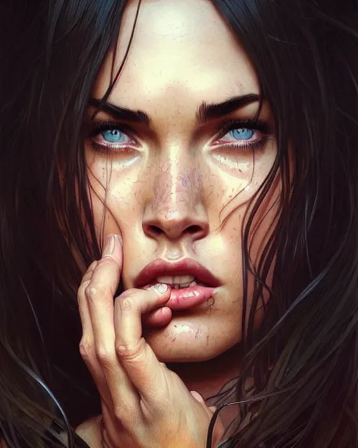 Image similar to portrait of megan fox crying, tears, weeping, intricate, headshot, highly detailed, digital painting, artstation, concept art, sharp focus, cinematic lighting, illustration, art by artgerm and greg rutkowski, alphonse mucha, cgsociety