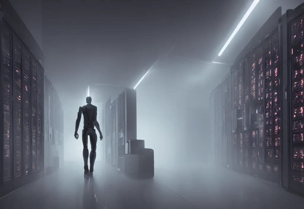 Image similar to art by vincent lefevre, shot of film cyborg walking in server room, data center character design, altermodern, synthwave, matte painting, trending on artstation, volumetric lighting, dramatic lighting, extreamly detailed, cinemaitc, octane