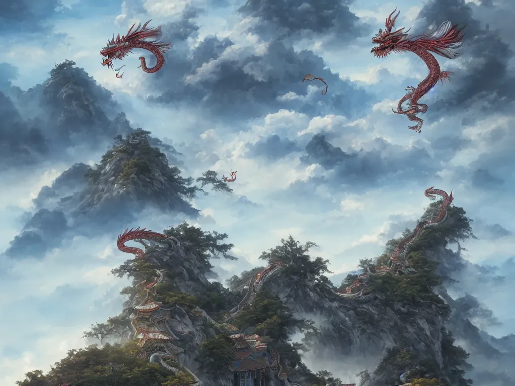 Image similar to a chinese dragon flies among the clouds over a mountain. below a shinto gate tops a stone stairway. by peter mohrbacher and dan mumford and nekro, cgsociety, volumetric light, 3 d render