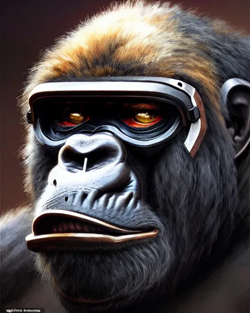 Image similar to winston the gorilla with a armor helmet on from overwatch, character portrait, portrait, close up, concept art, intricate details, highly detailed by greg rutkowski, michael whelan and gustave dore