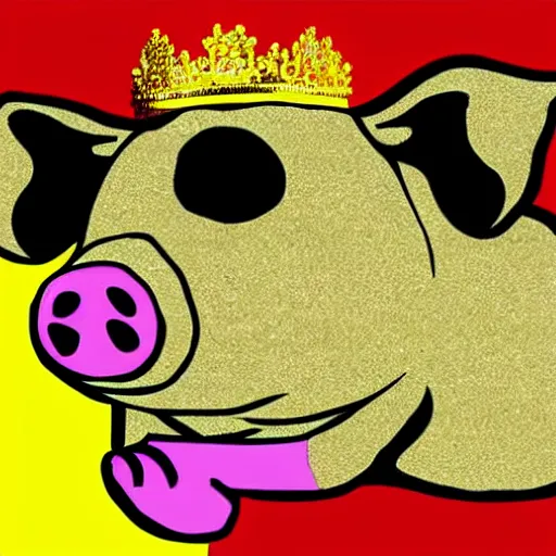 Image similar to pig in gold crown surrounded by pork rinds, pop-art