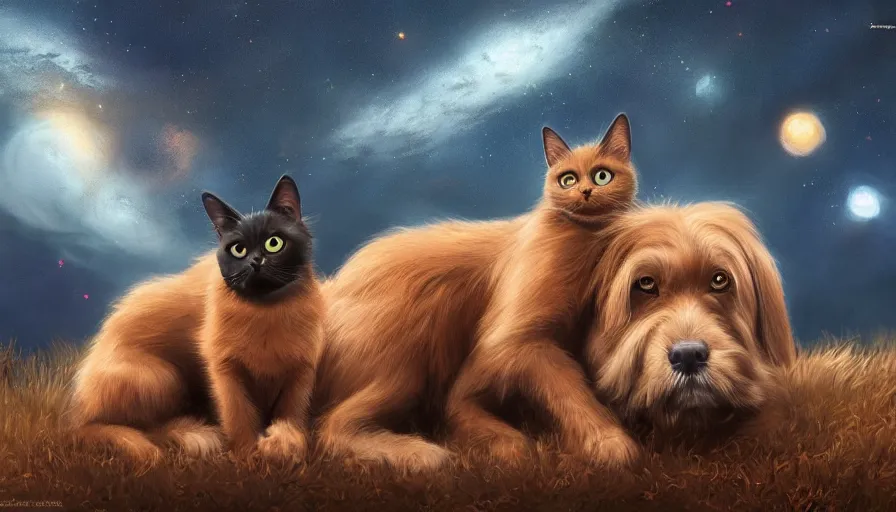 Image similar to black cat and brown dog looking at the stars together, hyperdetailed, artstation, cgsociety, 8 k