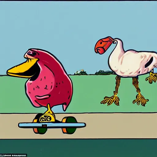 Prompt: a dodo wearing a gold chain around its neck, on a hovering skateboard without wheels, at a skate park near the beach, 1990s cartoon