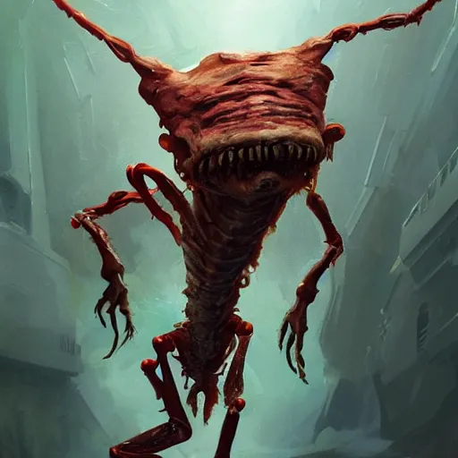 Image similar to scifi art by Greg Rutkowski, hideous monster made of twisted human flesh and reddish ooze, lumpy bloated upper body with elongated, thin limbs like a mantis, small head like a ball with two empty holes for eyes, only human beings are its legs, vicious appearance, scifi, space horror, digital painting, artstation, concept art, smooth, sharp foccus ilustration, Artstation HQ.