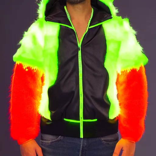 Image similar to autumn season rave jacket with led skin and fluffy lining in the style of cyberdog, product shot, dark background, neon lighting