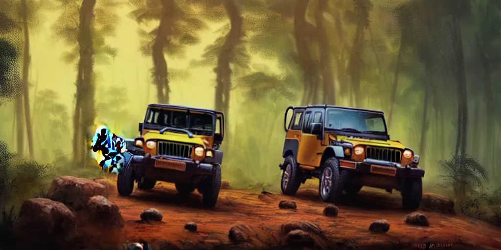 Image similar to Mahindra thar, in kerala forest, tigers and lions chasing, action scene, an epic fantasy, dramatic lighting, cinematic, establishing shot, extremely high detail, photorealistic, cinematic lighting, matte painting, artstation, by simon stalenhag, horizon forbideen west