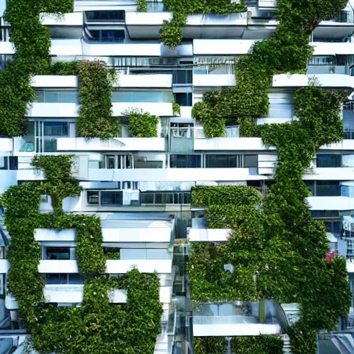 Image similar to highly detailed futuristic modern buildings with plants growing all over