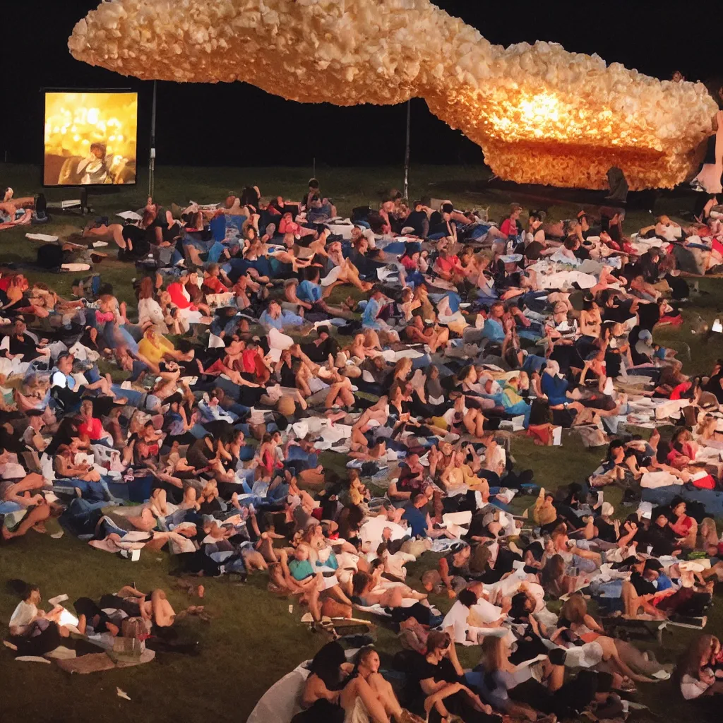 Image similar to outdoor cinema with giant popcorn at night