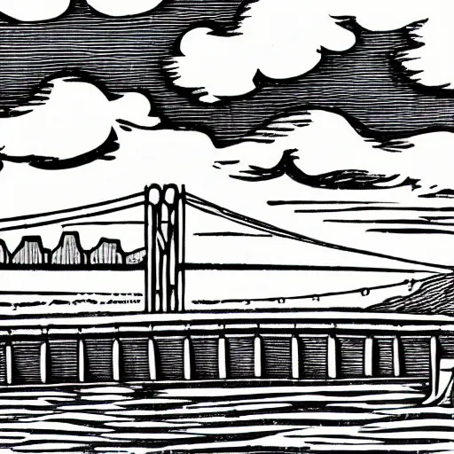 Image similar to small steel suspension bridge built in 1 9 2 8, side view, puffy clouds in background, dooby is flying in the sky, woodcut style, rubber stamp, 8 k