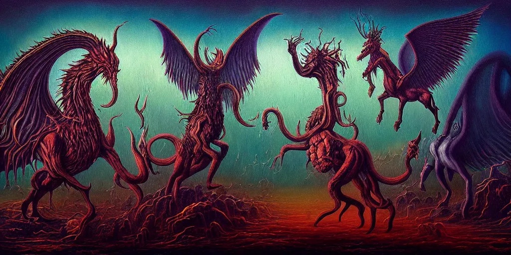 Image similar to mythical creatures and monsters in the imaginal realm of the collective unconscious, in a dark surreal painting by ronny khalil