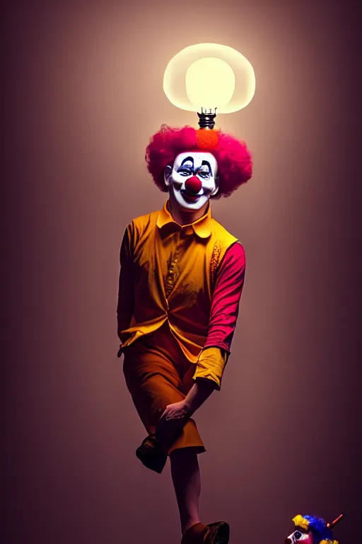 Prompt: my teacher as clown - composition : dynamic lighting, depth details, intricate, asymmetric, proportion, highly quality, balance, unity, extremely highly detailed. by bambang nurdianshyah ( background ) garis edelweiss ( lighting ) roby dwi antono ( character )