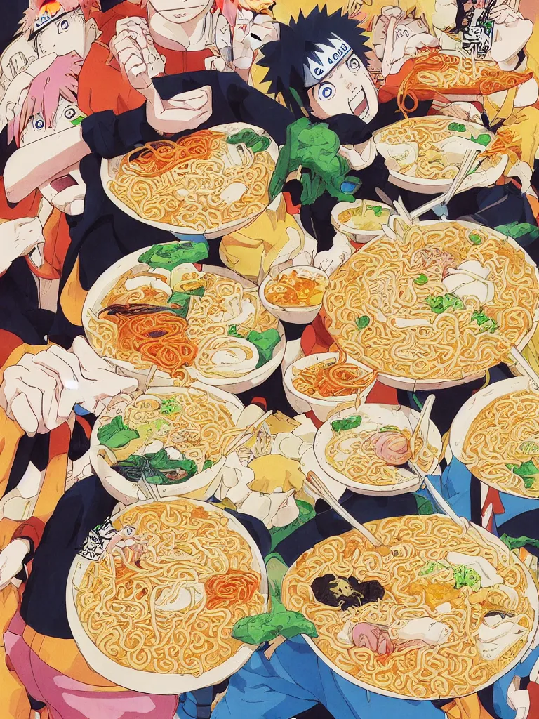 Image similar to a color manga comic page illustration of naruto eating progressively large bowls of ramen. his mood is one of delicious bliss and the sense of the image is excitement. the image is illustrated in high colorful detail by masashi kishimoto and is very very very detailed.