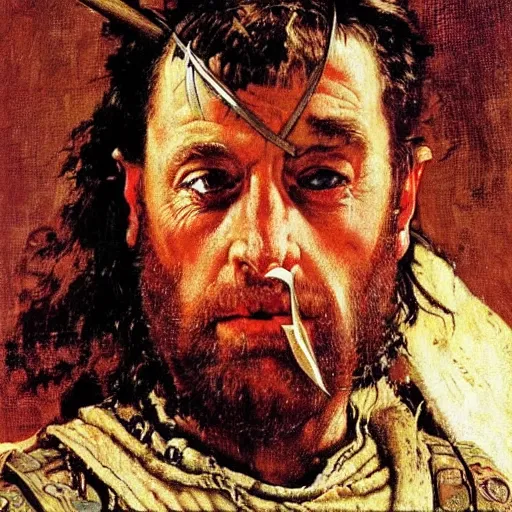Image similar to a portrait painting of William Wallace. Painted by Norman Rockwell