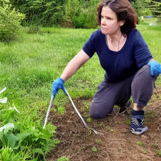 Prompt: a beautiful and mad canadian woman, on her knees, pulling weeds out frantically, some grey hair, stripey pants,