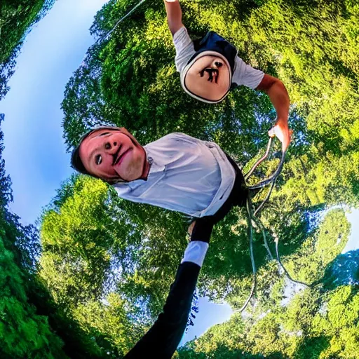 Prompt: gibbon gangling upside down from a hot - air balloon, posing for the camera, fisheye lens