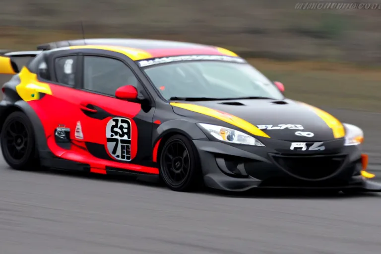 Image similar to black GT4 Mazdaspeed3 Gen 1 hatchback black plain livery simple, racing on highway photo 2008 cinematic motion blur dof LMP2 car