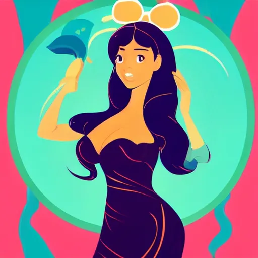 Image similar to beautiful curvy woman with long black hair, tanned skin. she is wearing a dress and mickey ears. detailed face. clean cel shaded vector art. shutterstock. behance hd by lois van baarle, artgerm, helen huang, by makoto shinkai and ilya kuvshinov, rossdraws, illustration,