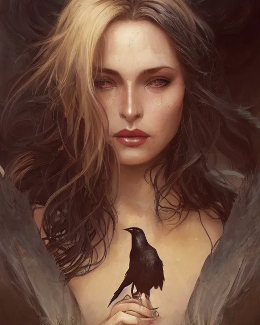 Image similar to close up portrait of a crow and a female witch, soft hair, half body, leather, d & d, fantasy, intricate, elegant, highly detailed, digital painting, artstation, concept art, smooth, sharp focus, illustration, art by artgerm and greg rutkowski and alphonse mucha