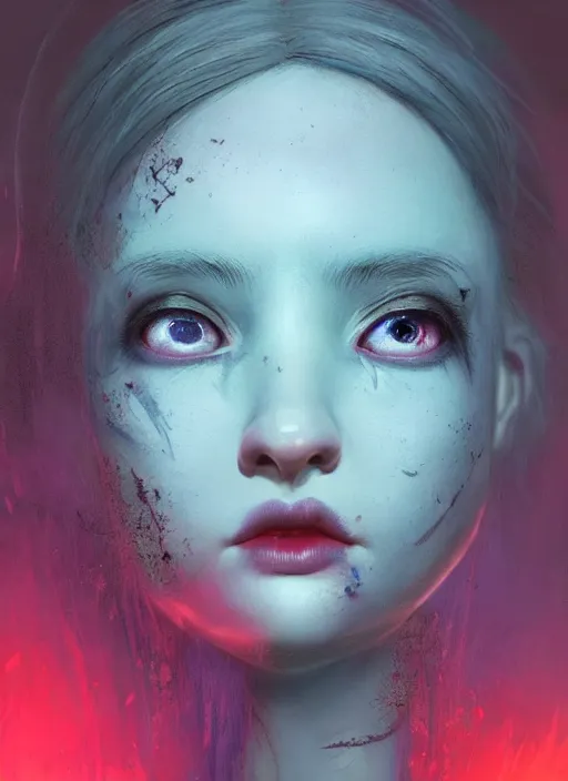 Image similar to profile of sinister girl with pouty aerochrome lips, fungal, unforgivable, cute bandaid on nose!!, expressive eyes, playful pose of a demon, greg rutkowski, charlie bowater, yuumei, stephen gammell, unreal 5, daz, hyperrealistic, octane render, rpg portrait, dynamic lighting, fantasy art, beautiful face