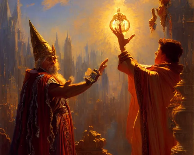 Prompt: ornate wizard man, casting light magic, summoning a noble deity. highly detailed painting by gaston bussiere, craig mullins, j. c. leyendecker 8 k