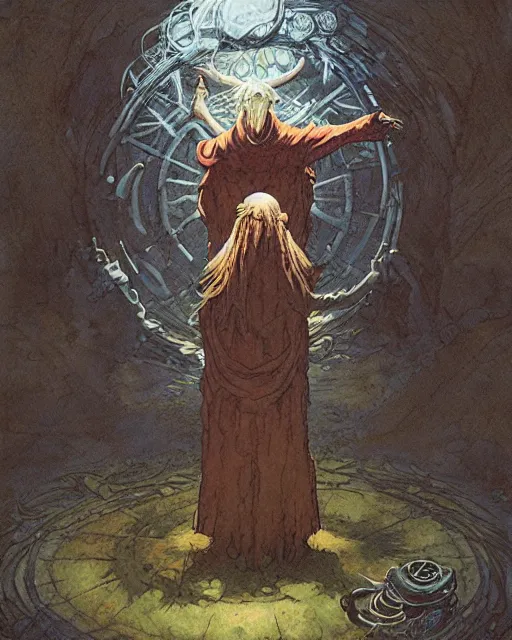 Image similar to a druid standing in a circle at the beginning of the world by alan lee and peter mohrbacher and frank frazetta and mike mignola