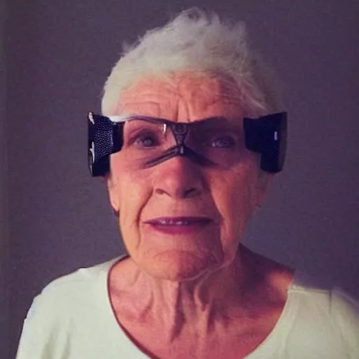 Image similar to grainy photo of an old woman, grainy photo, wearing bionic implants, criminal,