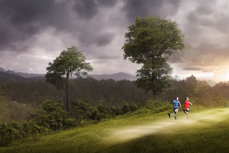 Prompt: a commercial advertisement for a new athletic sports clothing brand, people running through a vast serene landscape across rivers and hills, the sun rises in the distance and rain falls in the foreground, light cracking through the clouds onto the treetops, ultra realistic, high definition