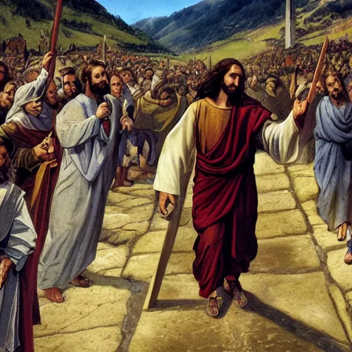 Image similar to Jesus walking via dolorossa with heavy cross pushing him to the ground and crowd yelling at him,